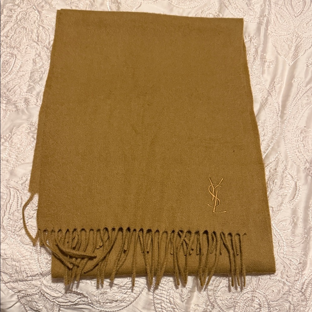 Yves Saint Laurent Tan Wool Fringe Scarf with YSL Monogram